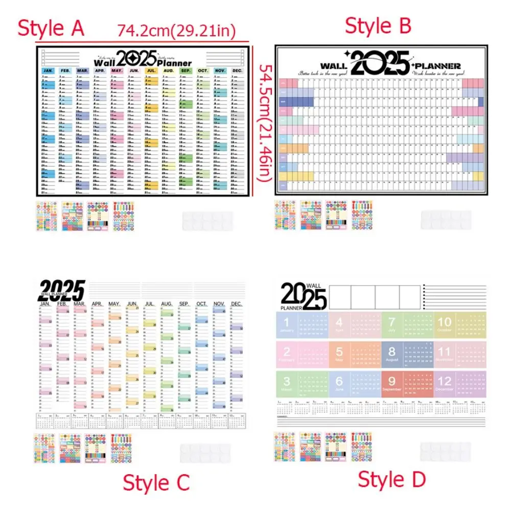Folha de planejador de calendário dobrável 2025, calendário de parede de planejamento decorativo de plástico com adesivos coloridos, organizador de programação