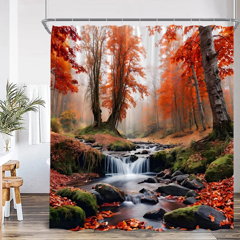 Autumn Forest Landscape Shower Curtains Red Maple Trees Waterfall Log Cabin Bear Fall Scenery Fabric Home Bathroom Curtain Decor