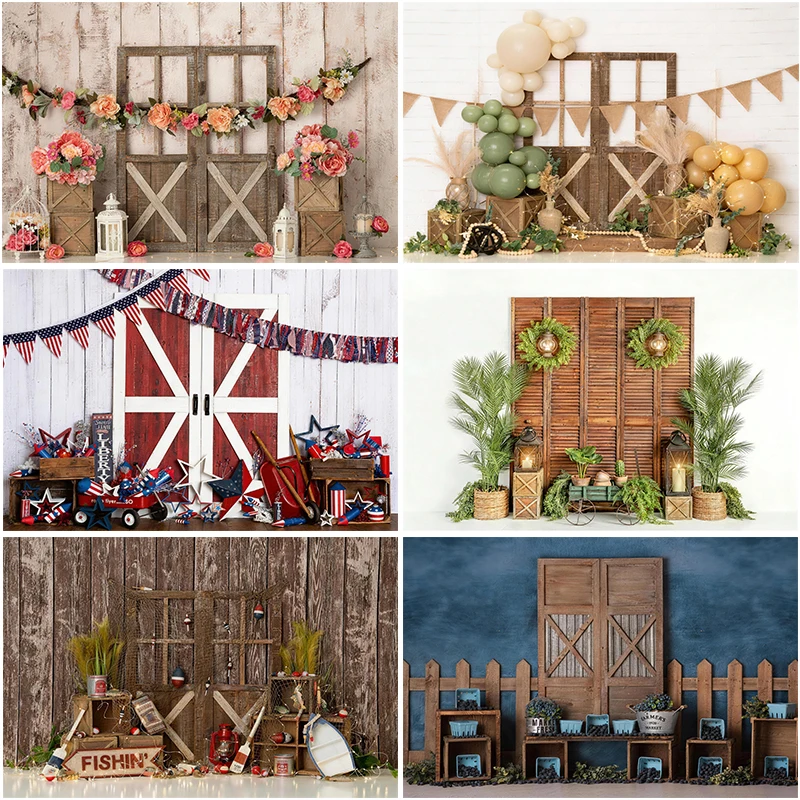 

LS Green Plants Spring Backgrounds Garden Wooden Door Kids Baby Photography Props Child Adult Photocall Decors Backdrops