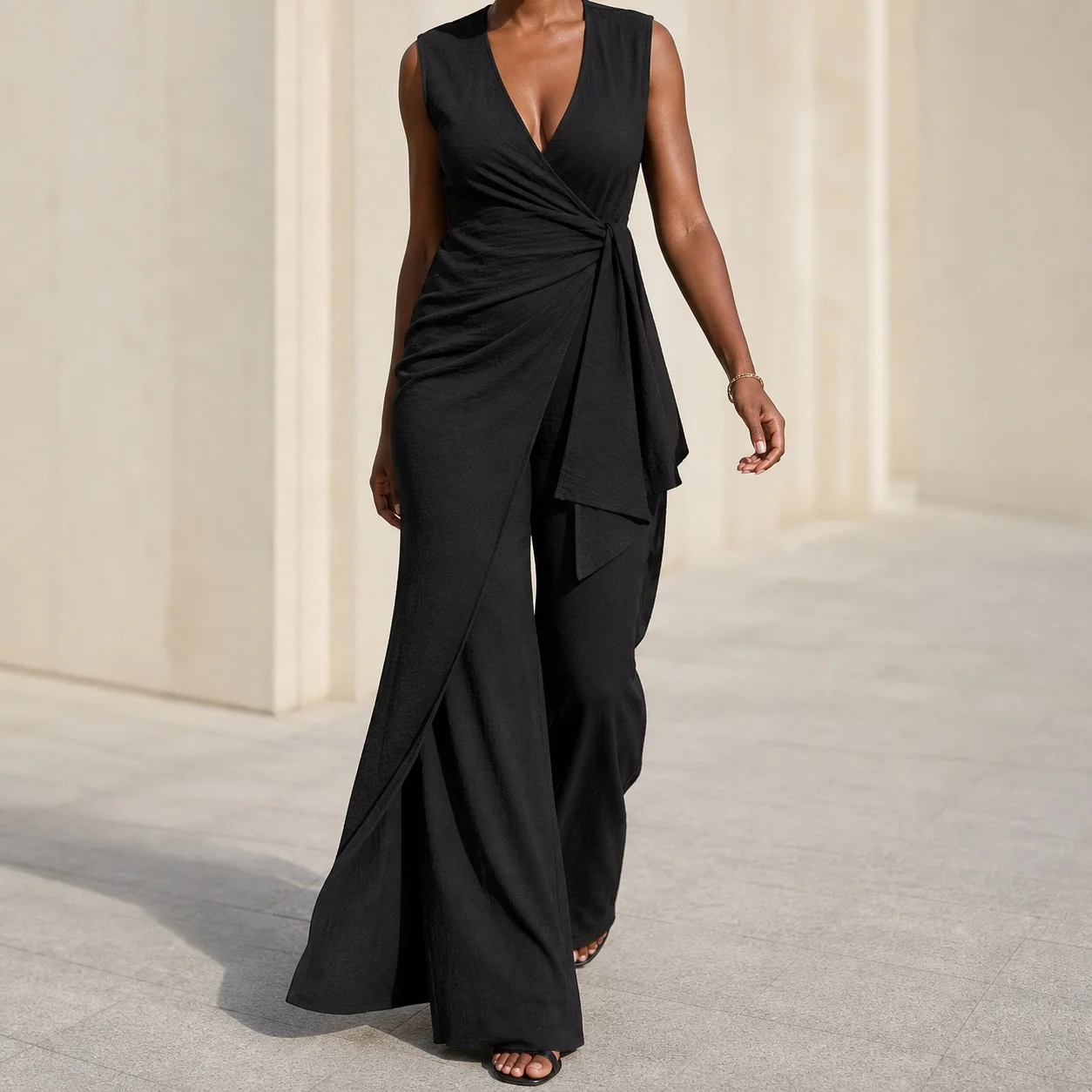 Women's Sleeveless V Neck Cross Back Jumpsuit with Wrap Front and Side Slit Maxi Length Solid Color Mid Waist Pants for Woman