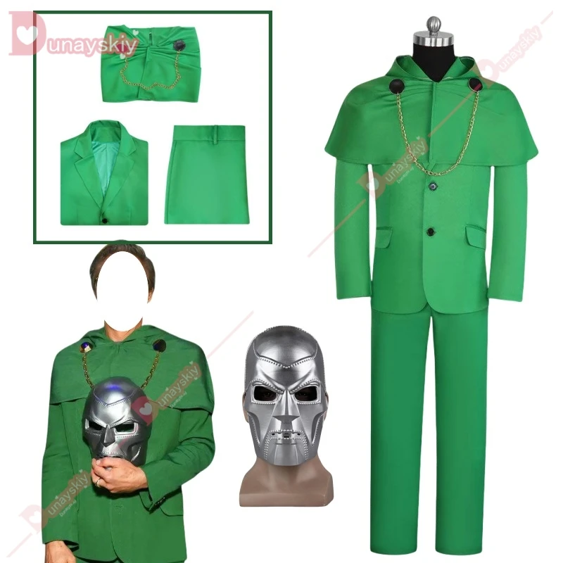 Comic Film Victor Doctor Cosplay Dooms Evil Ecientist Costumes Mens Green Suit Cape Halloween Party Roleplay Fancy Outfit