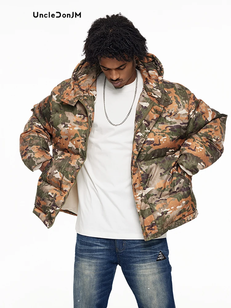 Camuflagem masculina com capuz jaqueta acolchoada, Street Wear, High Street Parkas, inverno