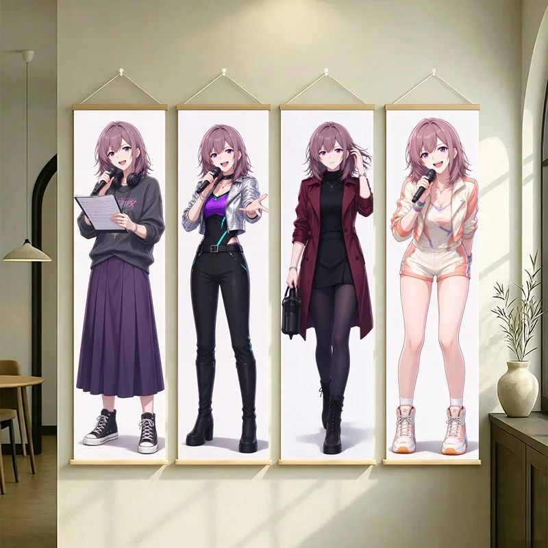 Pink Haired Anime Women Hanging Scroll with Modern Fashion Illustrations and Soft Neutral Backgrounds for a Stylish Bedroom