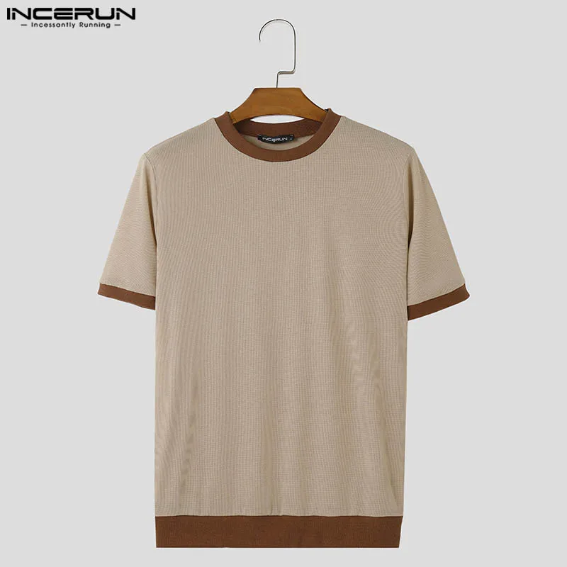 INCERUN Tops 2024 Korean Style Fashion Men\'s Contrast Ribbed T-shirts Casual Summer Hot Sale Short Sleeved O-neck Camiseta S-5XL