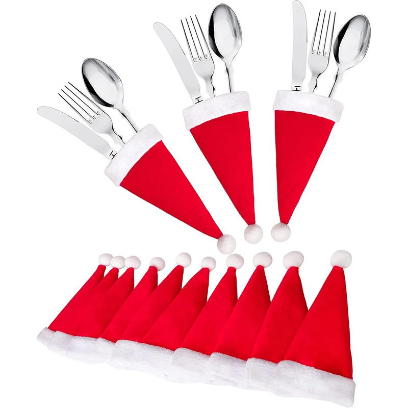 10/20/50Pcs Christmas Hat for Fork Knife Tableware Decorations Plush Mini Santa Hat Family Party Decor New Year Gifts Xmas Hat
