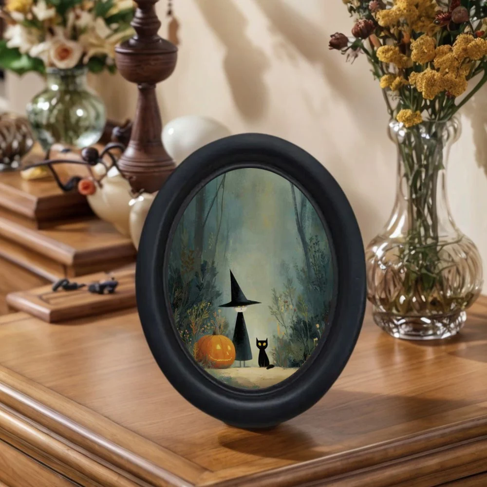 جدارية فنية جدارية ثلاثية الأبعاد ساحرة الهالوين والقطة السوداء في الغابة - ديكور حيوانات خشبي مصنوع يدويًا، تصميم بيضاوي، مناسبة للهالوين، عيد الميلاد، عيد الشكر، ديكور المنزل والمكتب، ديكور غرفة الحنين