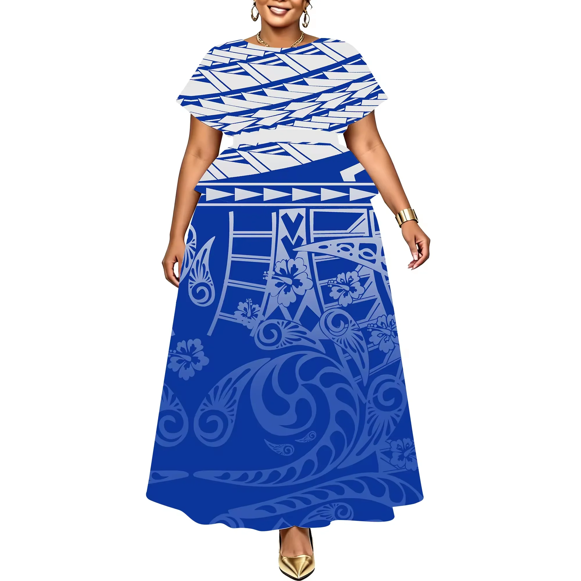 Wholesale Custom Puletasi Women 2 Piece Set Royal Blue White Polynesian Tribal Floral Print Peplum Top High Waist Maxi Skirt