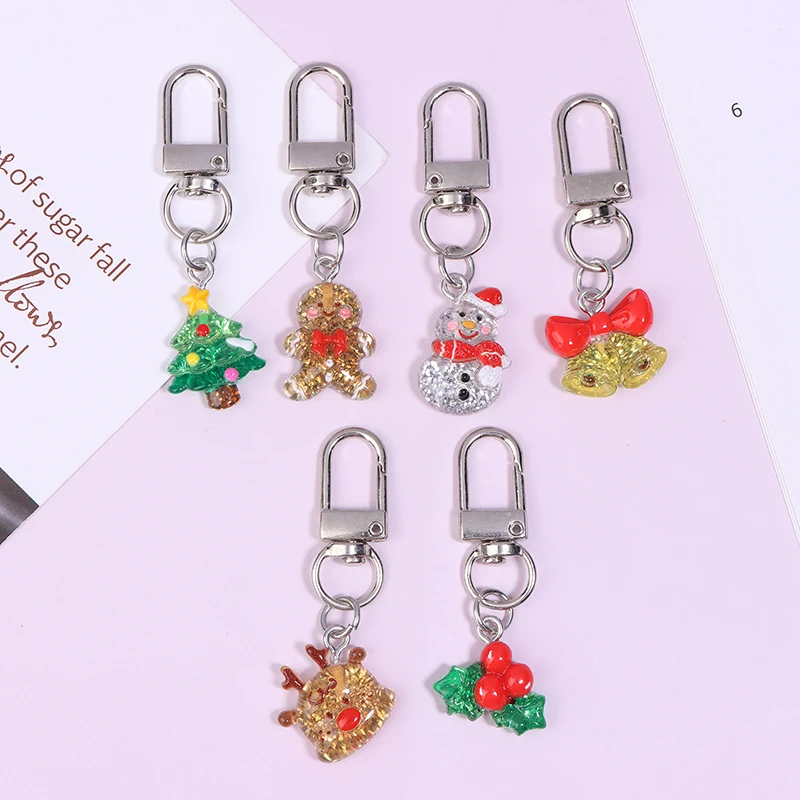 Colorful Glitter Christmas Snowman Santa Claus Elk Keychain Car Key Holder Handbag Keyring Headphone Pendant Jewelry Xmas Gift