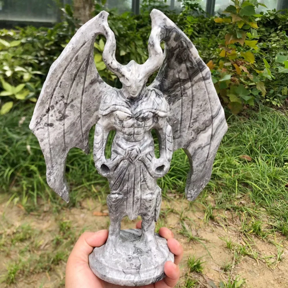 25cm White Black Web Jasper Demon Figurine Natural Crystal Hand Carved Gargoyle Statue Gothic Home Decor Collectible