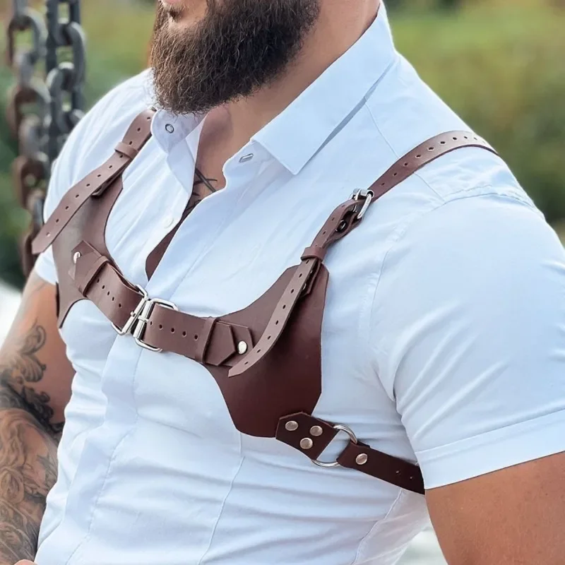 Men's Leather Straps Belt Hot Artificial Leather Strap with O-ring Design on The Back Metal Rivet Chest Strap Shirt Accessories