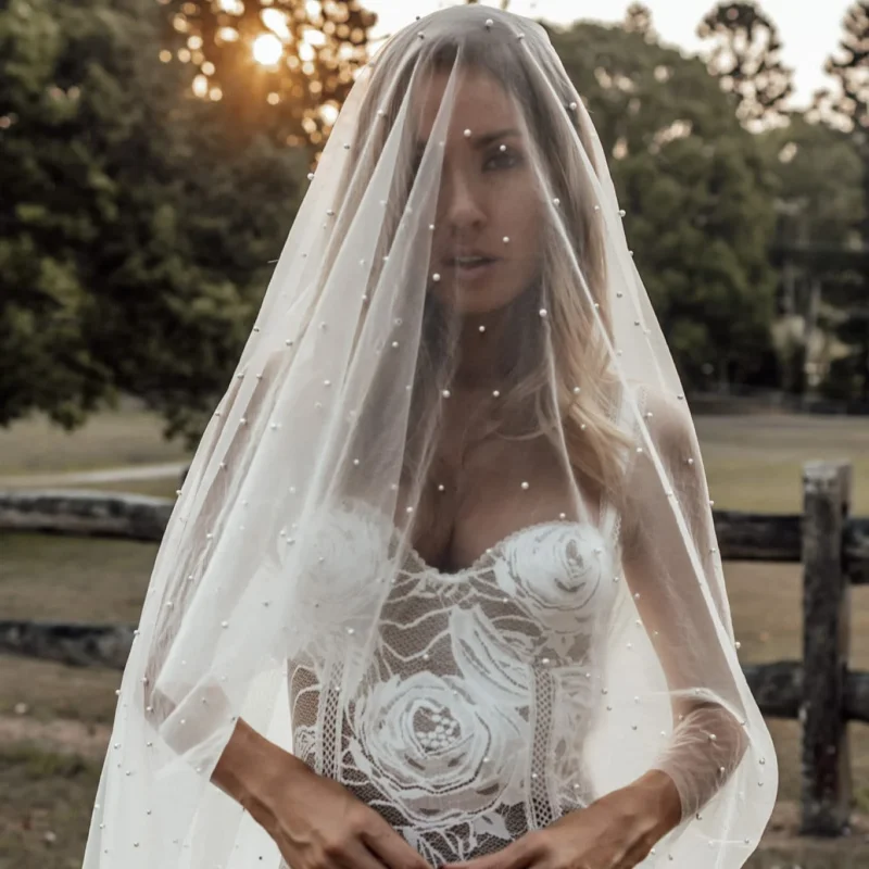 TOPQUEEN V114 Pearl Wedding Veil Double Layer Blusher Velo De Novias Cathedral Wedding Accessories Customizable