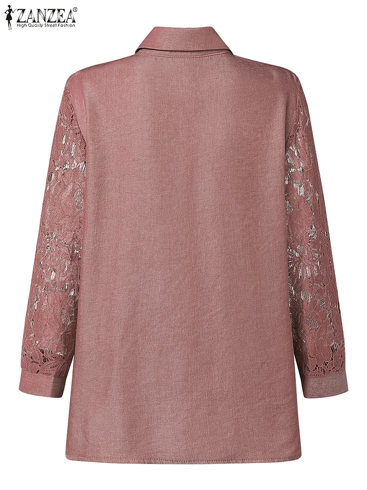 잔제아 우아한 여성 OL 셔츠 패션 오피스 레이디 블라우스 2025 가을 레이스 패치워크 속이 비치는 캐주얼 탑 버튼 블루사 여성용