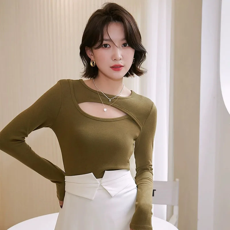 

Осенние новые футболки с длинными рукавами, женские сексуальные обтягивающие эластичные базовые топы, женские корейские шикарные блузки индивидуального дизайна