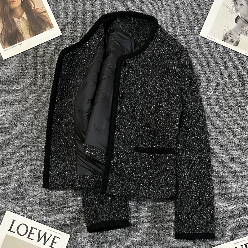 Black Fragrance Down Liner Autumn Winter Short Jacket for Women Fashionable Warm Simple French Lady Coarse Tweed Jacket