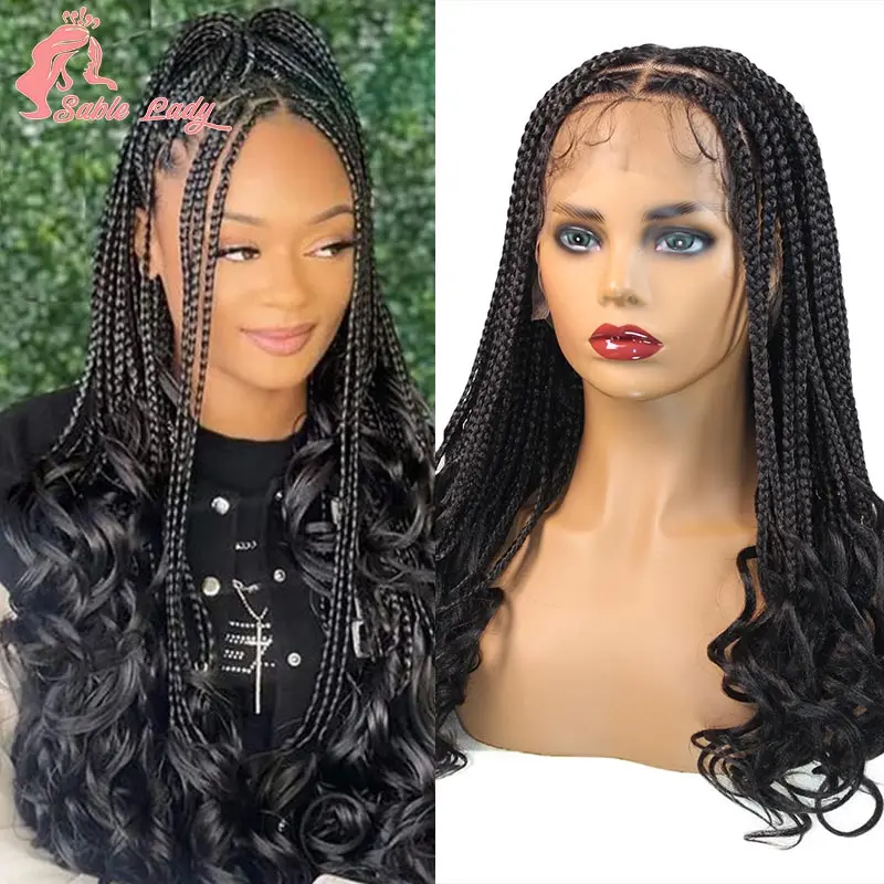 

Lace Front Synthetic Braided Wigs Knotless Wigs for Black Women Transparent Full Lace Braids End Curly Wigs Box Braiding Wigs