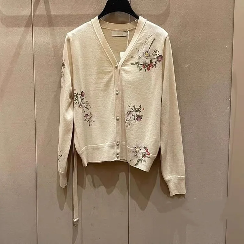 

Soft Lightweight Floral Print V-Ne Long Sve Knitted Cardigan Korean Sle Commute Faion Cotton Wool Blend Women's Top