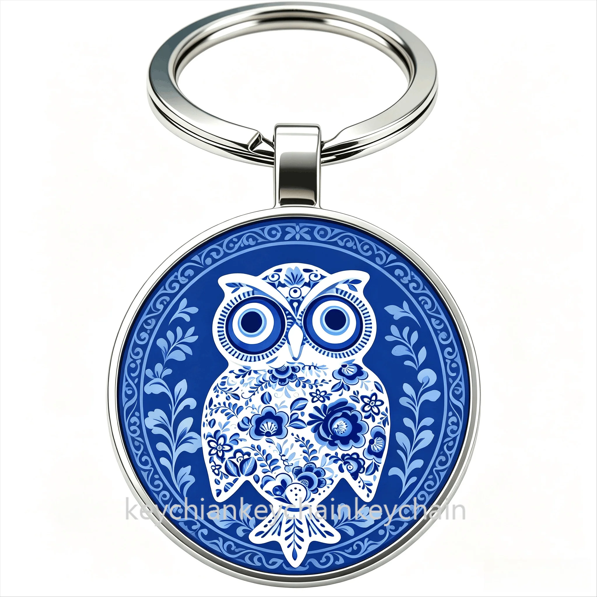 Russia blue background white owl Keychain Keyring Bag Pendant Gift