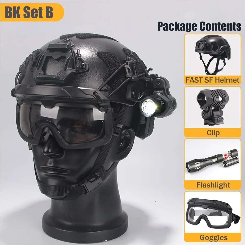 

Airsoft Protective Helmet 6mm Thickened FAST Helmet with Mini Zoomable Helmet Flashlight & Shooting Goggle for Paintball Wargame