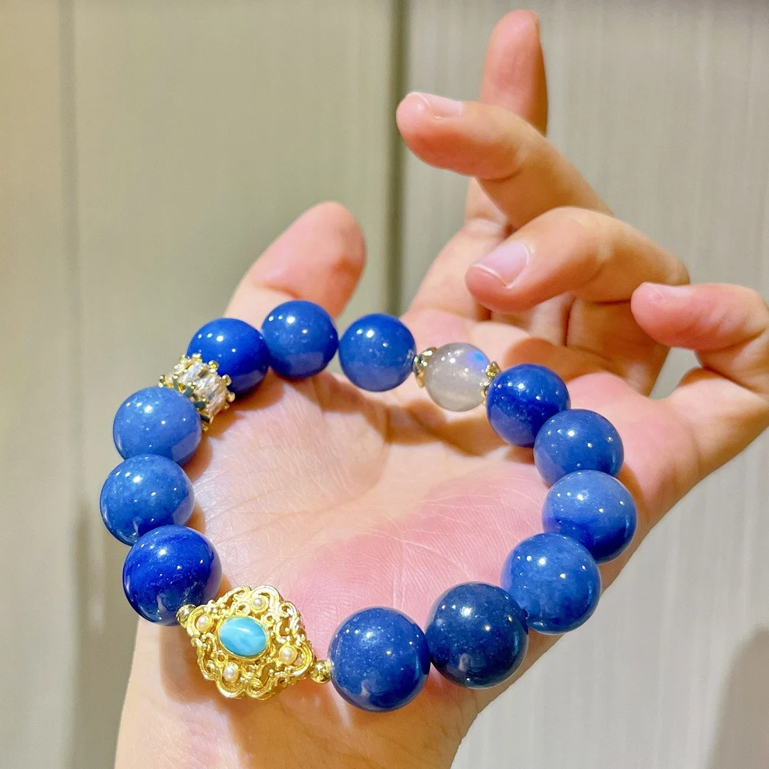 Original design large particles white blue Dongling jade mixed with natural gray moonstone contrasting crystal bracelet bracelet