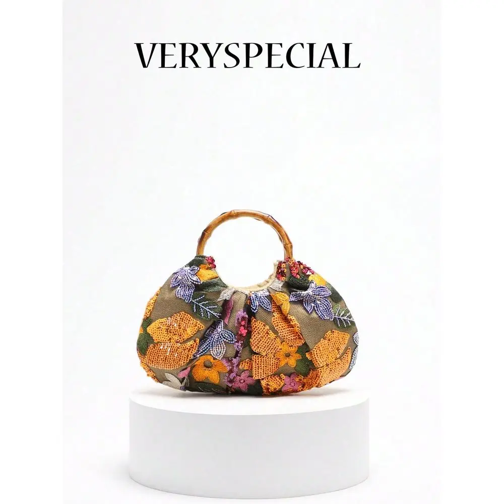 

Fashion Floral Embroidery, Cloud Pattern Sequin Patchwork Linen Handbag, Pleated Design Unique Small Tote Bag For Women, Suitab