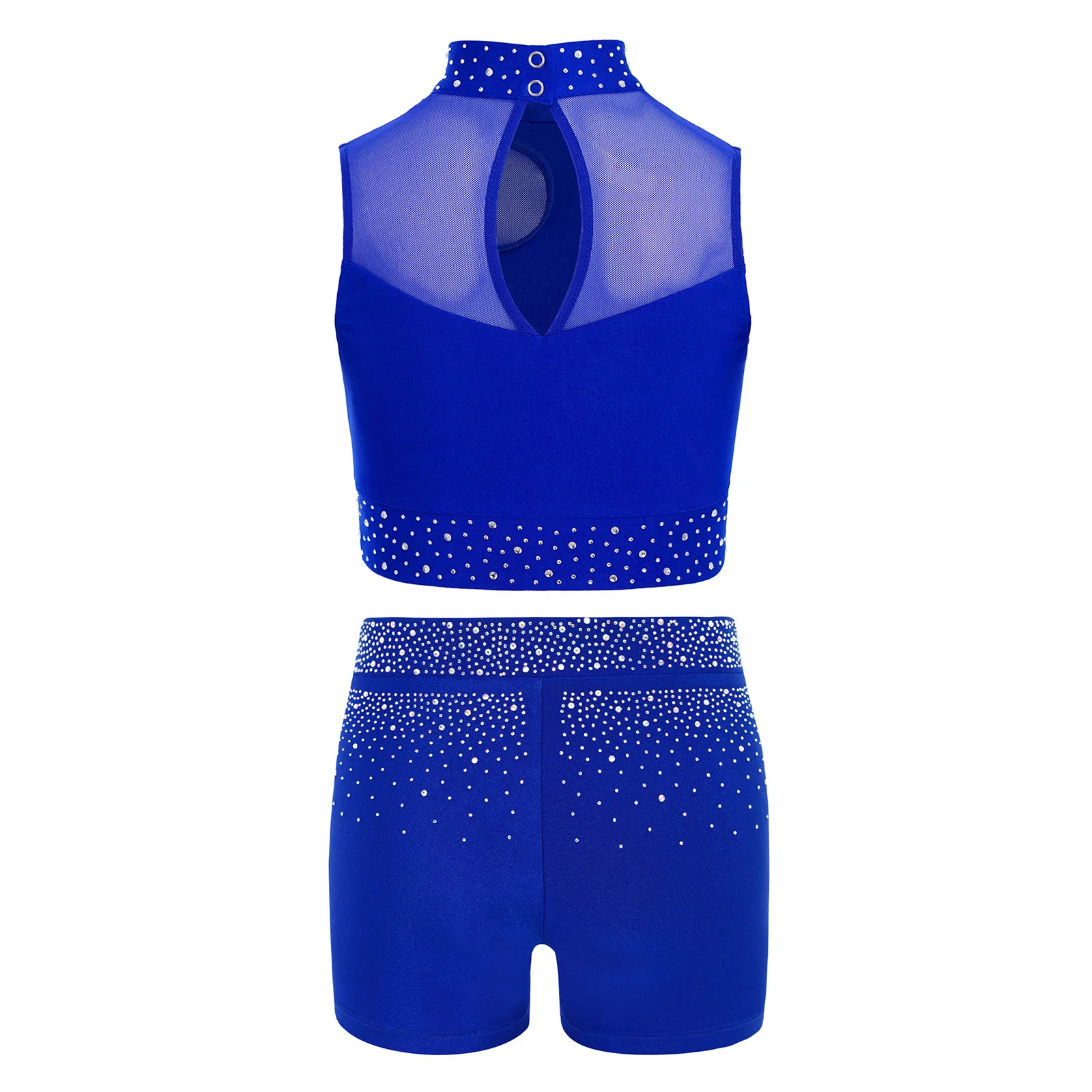 Kids Girls Sportwear Gymnastics Ballet Dance Outfit Sparkling Rhinestones Sleeveless Keyhole Back Mesh Patchwork Crop Top+Shorts