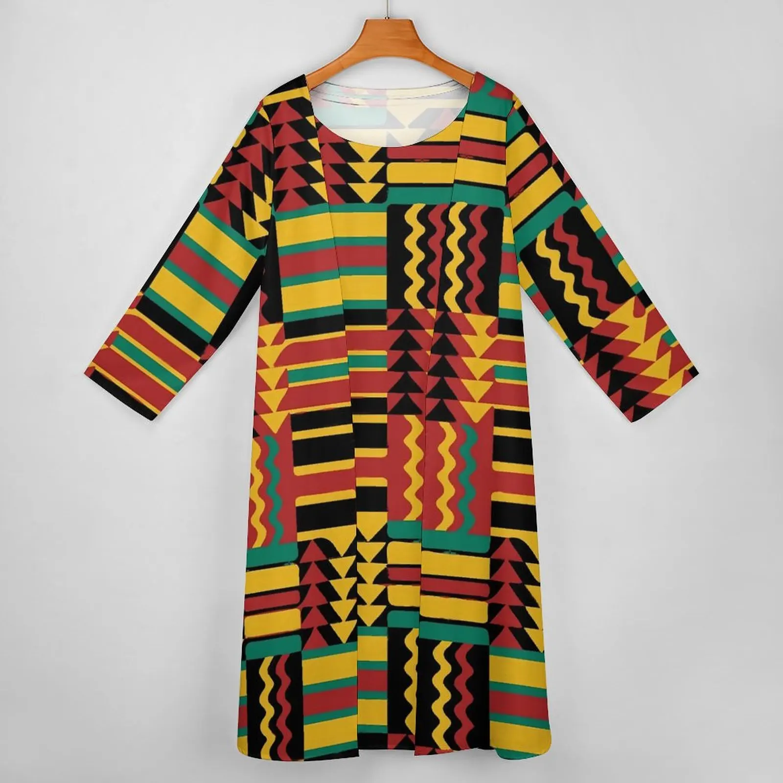 Kente Vintage Geometric Dress Long Sleeve Retro Rasta Colors Street Fashion Boho Beach Long Dresses Ladies Vintage Maxi Dress