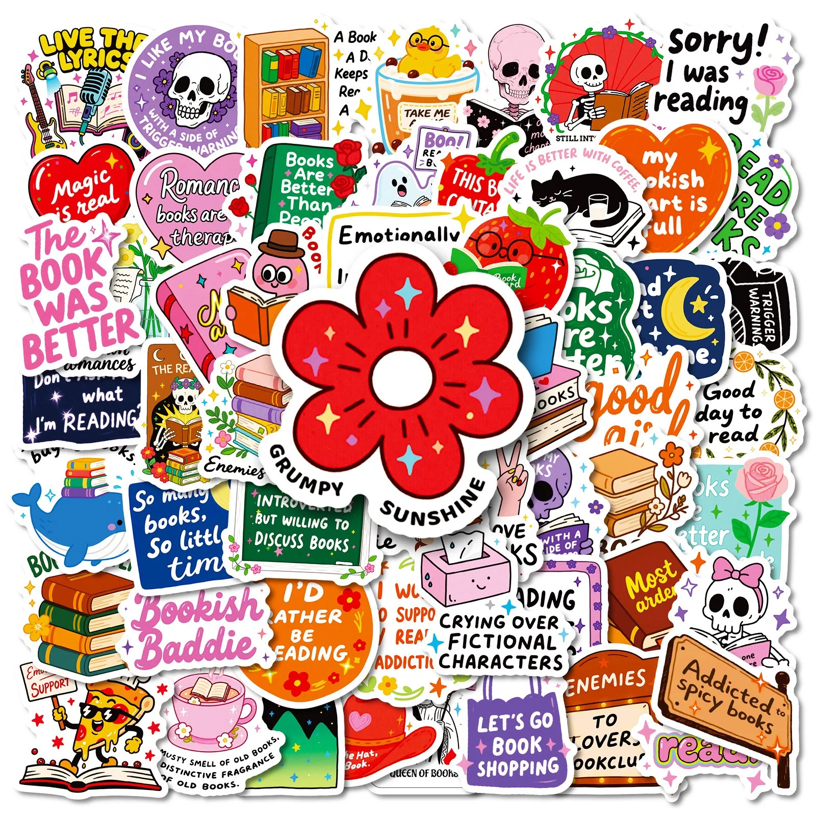 

10/56pcs Cute Funny Skull Reading Book Bookish Stickers Aesthetic Kids Toy DIY Scrapbook Bottle Phone Luggage Skateboard Sticker