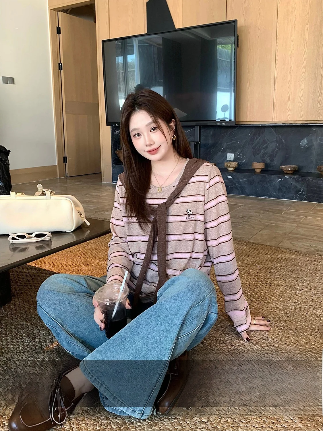 

Loose Fit Striped T-irt Women's plus Size Spring Casual Korean Sle Long Sve round Ne Top for Plump Sister