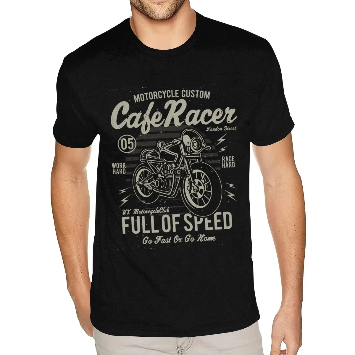 Black Cafe Racer Motorcycle Tshirt for Men Custom Made Short Sleeve Cotton Round Neck Tee Shirts