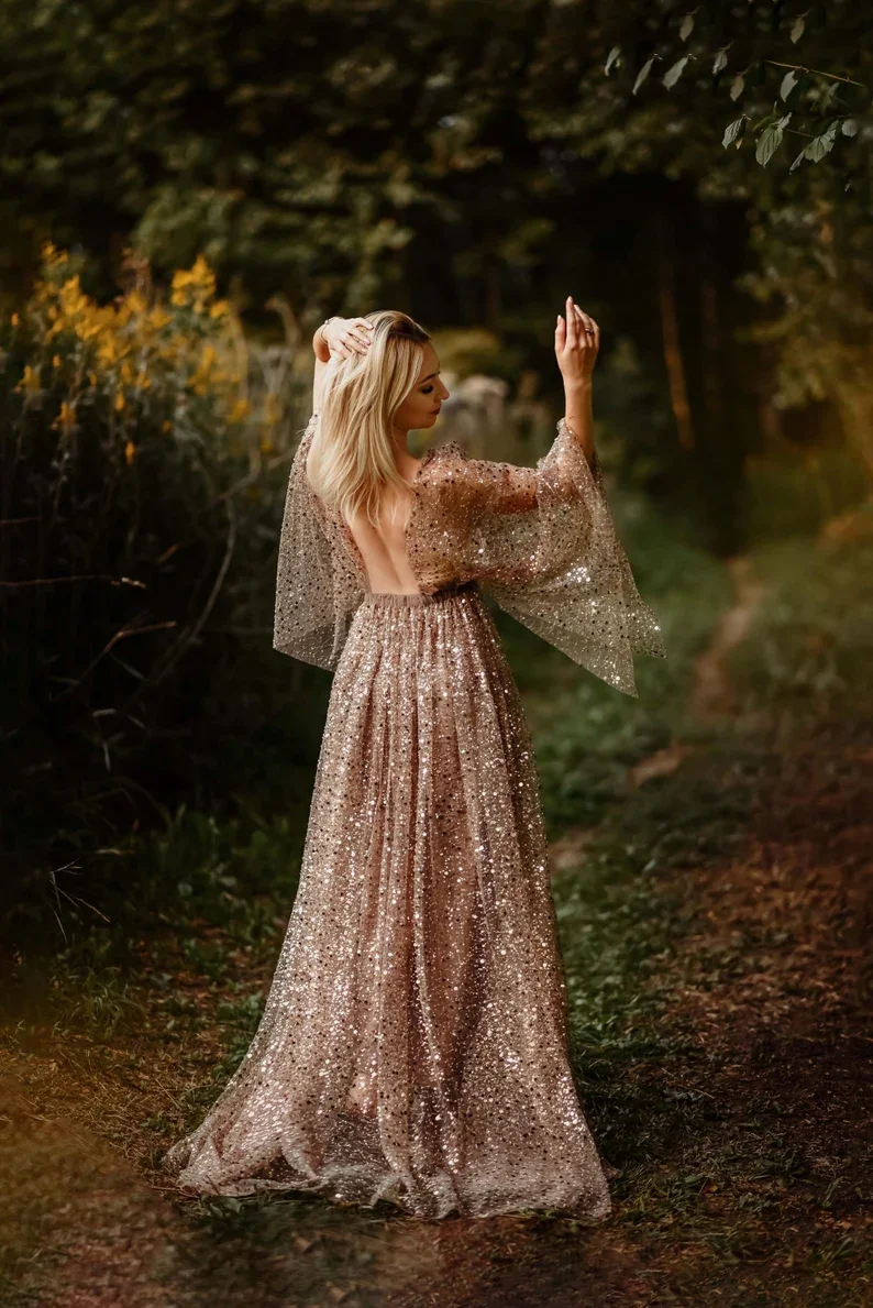 Sparkling Dresses Women Robe V-Neck Sequins Long Sleeve Maternity Dressing Shower Gown for Photography Custom Made