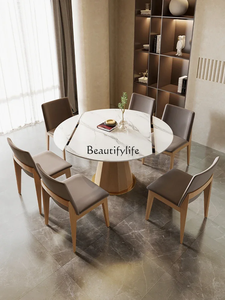 Rock slab dining table telescopic square becomes round dual-purpose deformation solid wood rock slab wabi sandy wind function