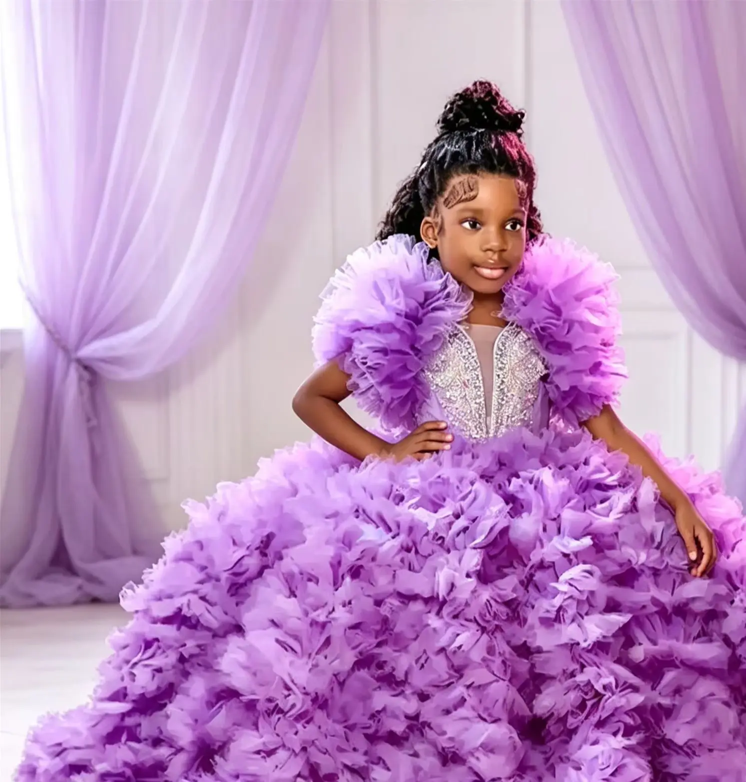 Luxury Flower Girl Dresses for Wedding Sleeveless Tulle Tiered Floor Lenght Kids Party Birthday First Communion Gown Custom