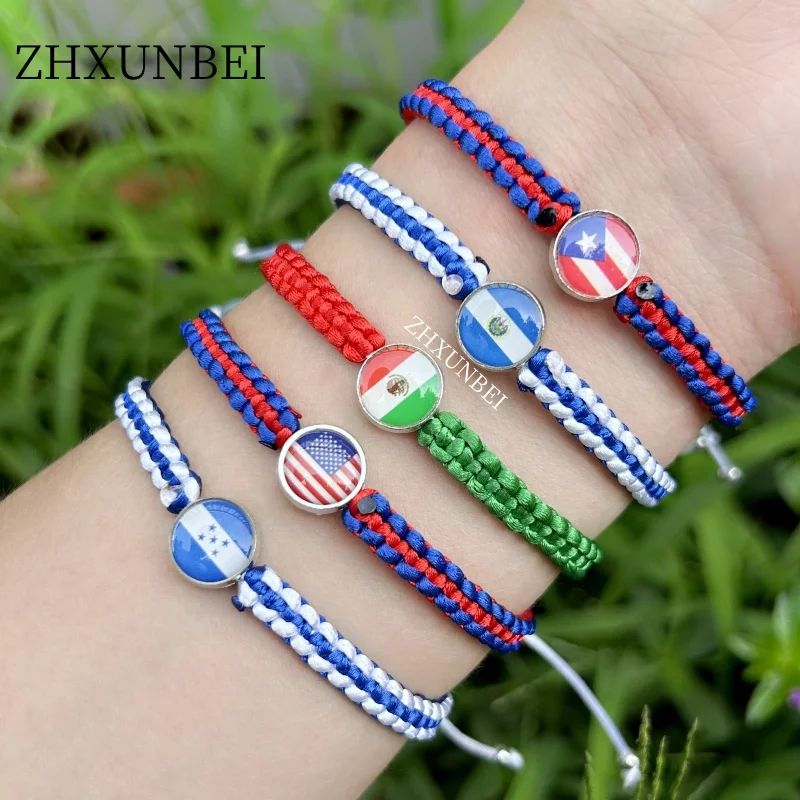 Cuerda de cuerda América México Salvador Honduras Bandera de Puerto Rico Pulseras con cuentas Joyería hecha a mano Pulsera tejida para mujeres y hombres