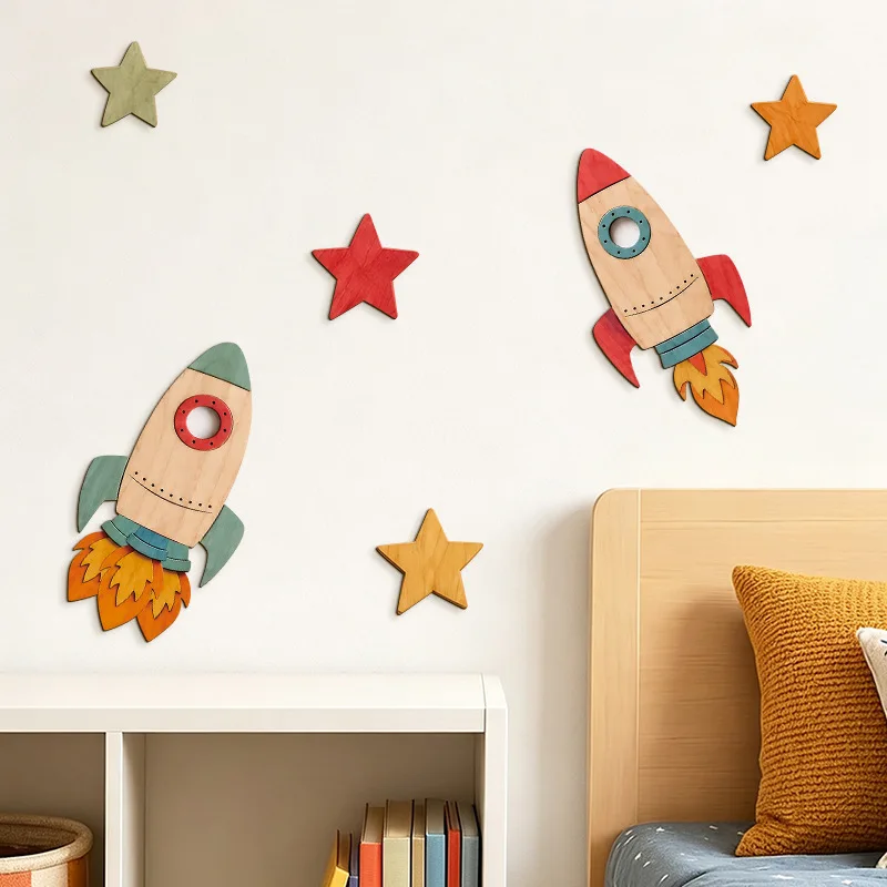 3D Space Rocket Wooden Wall Ornament Colorful Stars Hanging Decor Wood Plaque For Kids Room Baby Nursery Home Crafts Photo Props