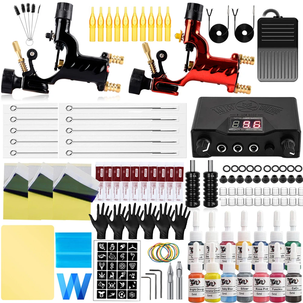 Rotary Tattoo Machine Gun Kit with Power Supply Needles Ink for Tattoo Artist Beginner Set Supplies