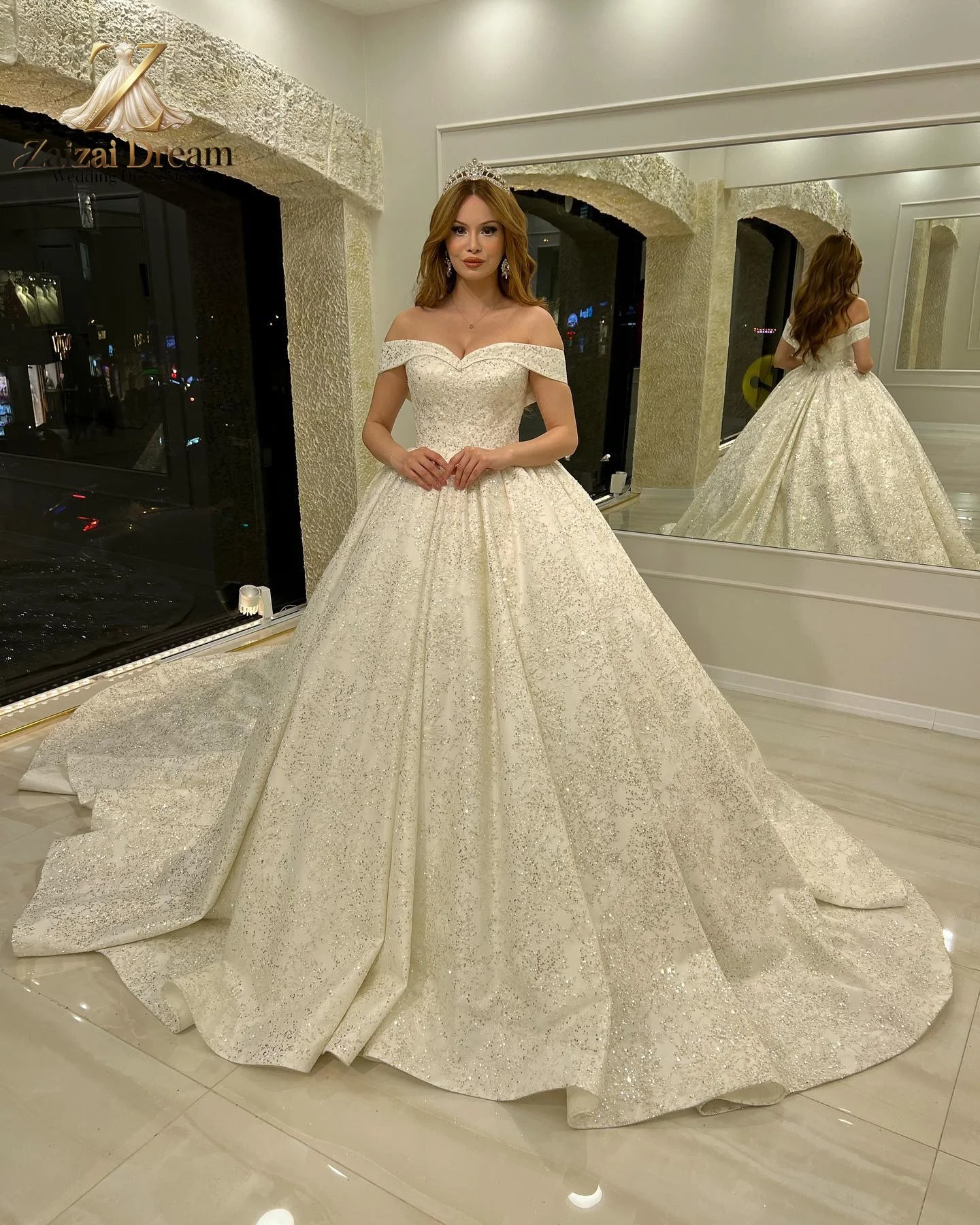 Customized Luxury Sparkling Wedding Dress Off Shoulder Princess Ball Gown Bridal Gown Glitter Wedding Dress Vestido De Novia