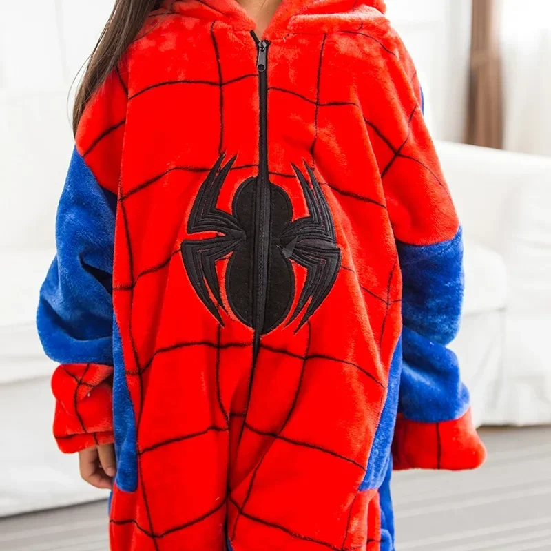 Boy Girl Children Spiderman Red Pajamas Set Flannel Kids Cartoon Cosplay Hooded Pijama Infantil One Piece Sleepwear