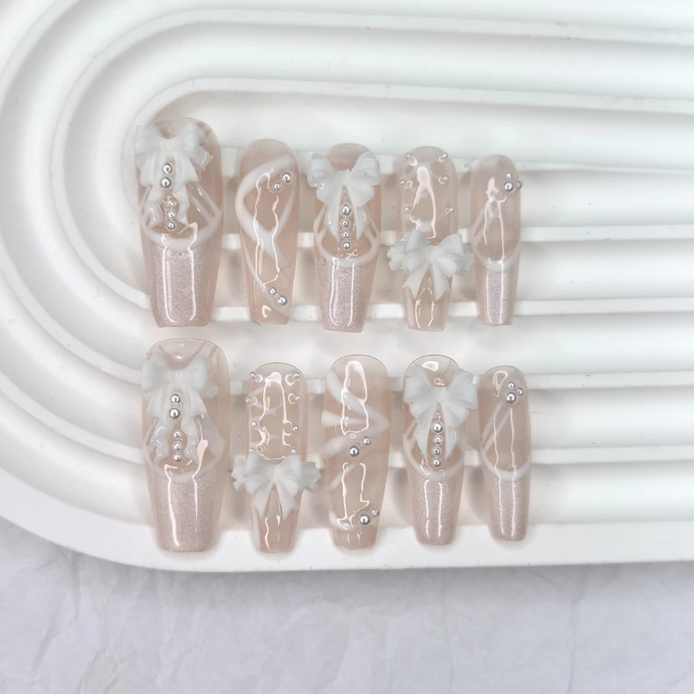 10 Pieces Elegant Wedding Princess Pearls Glitter Handmade Press On Nails 3D Bow French Ballet Fake Nails Removable Reusable