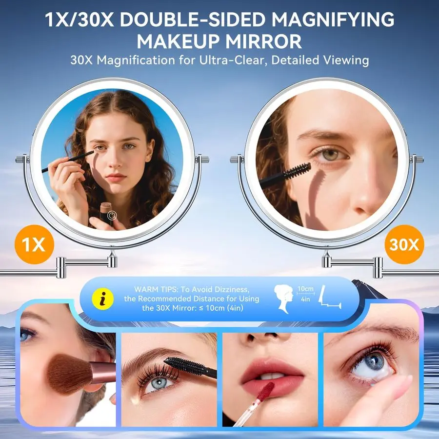 Specchio per trucco illuminato a parete 30X 1X, specchio ingranditore bifacciale ricaricabile da 5000 mAh con luce, specchio cosmetico LED Touc