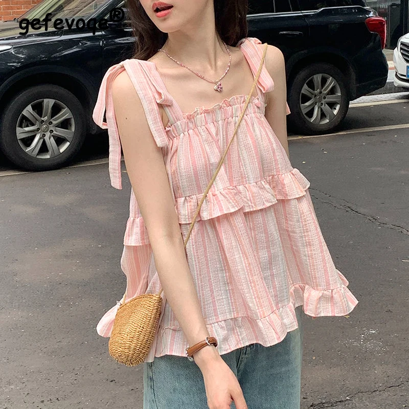 Women Clothing Summer Fashion Ruffles Bow Lace Up Sleeveless Tank Tops Casual Kawaii Sweet Striped Chic Vest Sexy Backless Camis