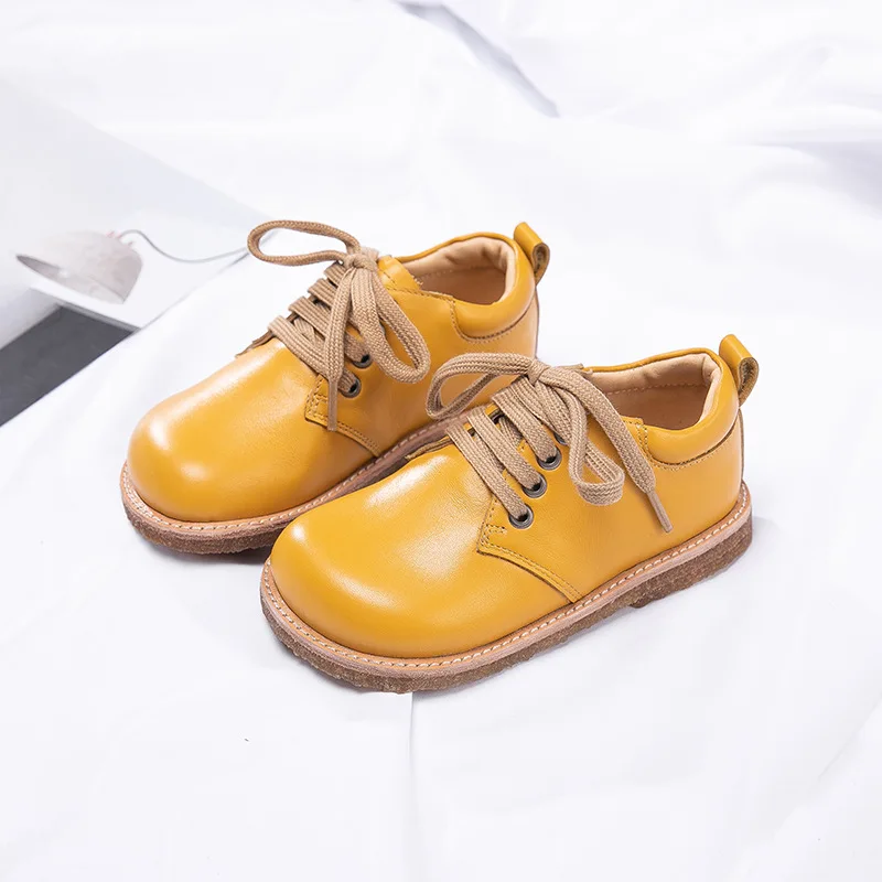 New Children Leather Shoes Boys Handmade Breathable Cowhid Lace Up Retro Derby Shoes Girls Casual Moccasins Baby Toddler Flats