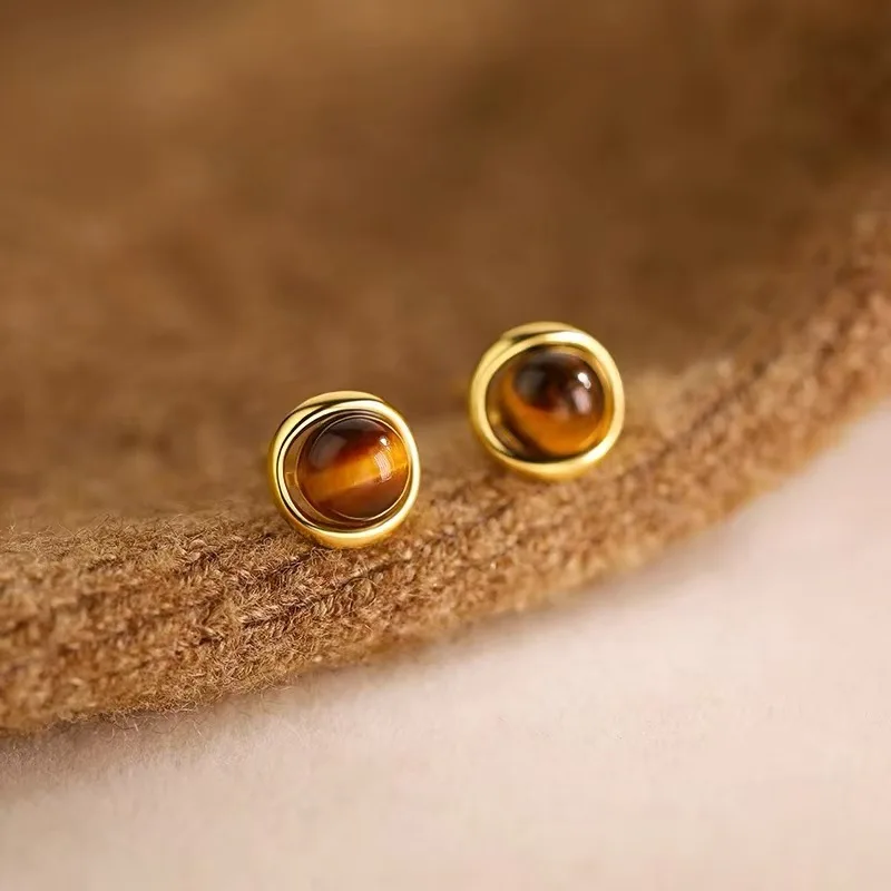 Real 925 Sterling Silver Tiger's-eye Stone Bead Mini Stud Earrings For Women Classic Fine Jewelry Minimalist Accessories