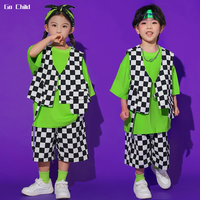 Hip Hop Boys Solid T-shirt Plaid Vest Street Dance Shorts Girls Summer School Clothes Sets Kids Streetwear Kindergarten Costumes
