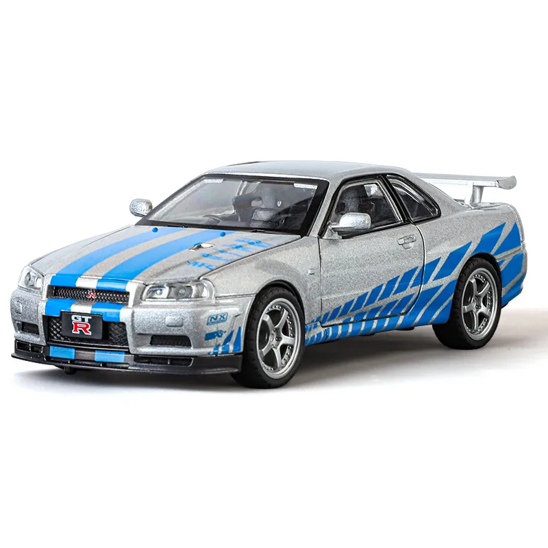 1:32 Nissan Skyline GTR-R34 Alloy Sports Car Model Diecast Metal Toy Racing Car Model Simulation Sound Light Childrens Gift