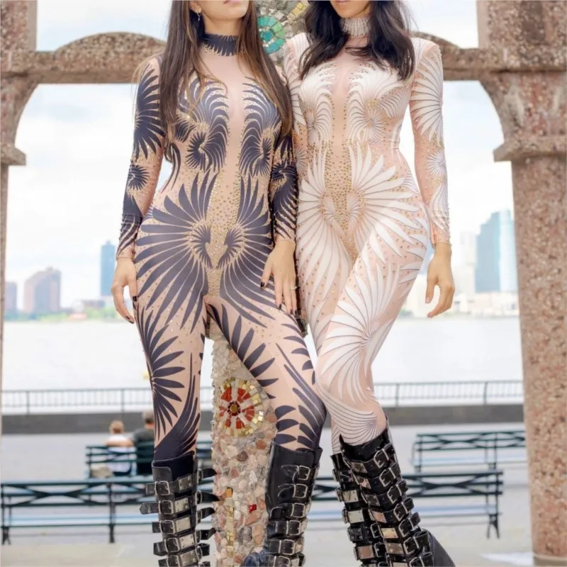 

Sheer Mesh Abstract Print Bodysuit For Women Slim Long Sleeve See Through Bodycon Jumpsuit Catsuit Show Party Club Festival Rave