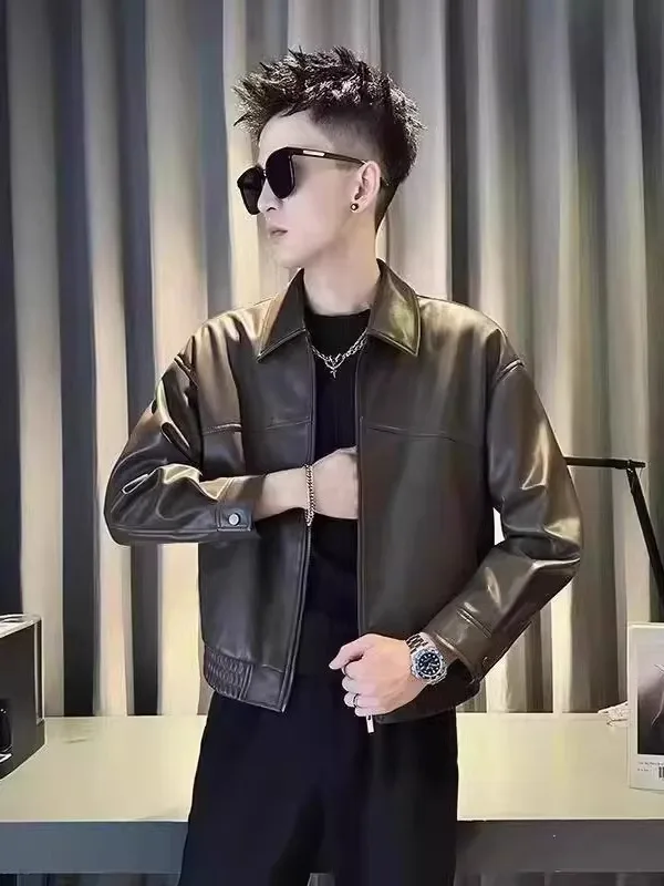 

American Sle Trendy Men's Biker Jaet Leather Coat Casual Long Sve Pure Color Zipper Closure Elastic Hem Bot Design