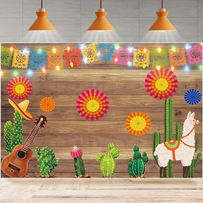 

Photography Backdrop Mexico Cactus Guitar Cinco De Mayo Colorful Flags Paper Flowers Background Party Backdrop Wall Banner Decor