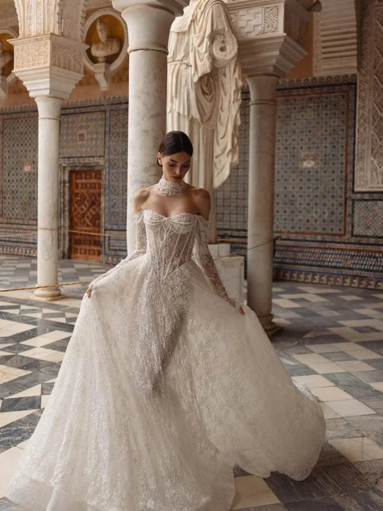 Customized Classic Romantic Basque Waist Lace Wedding Dress With Sweetheart Neckline And Off Shoulder Long Sleeved Dress