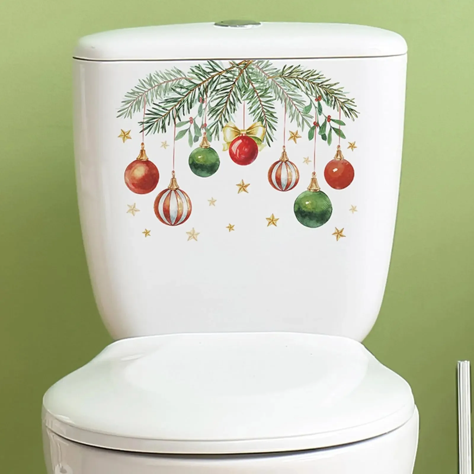 Christmas Bathroom Decoration Stickers Green Plant Decor Ball Pattern Self-adhesive Window Toilet Holiday Party Wall Sticker