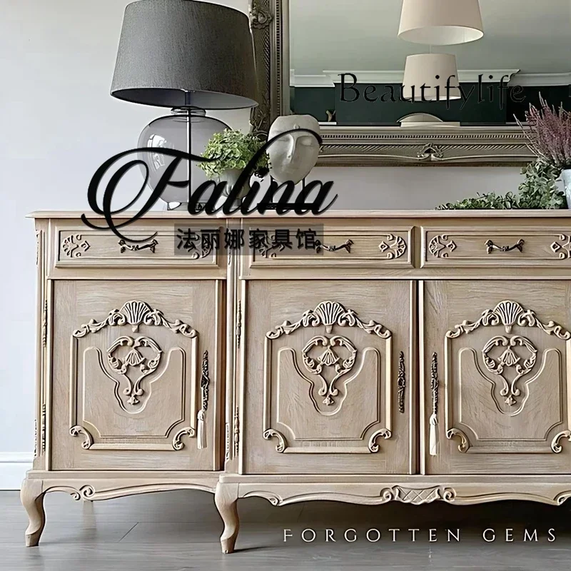 

u W French Retro Nostalgic Solid Wood Dining Side Cabinet, Living Room Engraved Antique Large Apartment Villa Entrance Cabinet